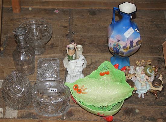 Various cut glass and ceramics, car badges, 2 cameras, brass kettle on stand